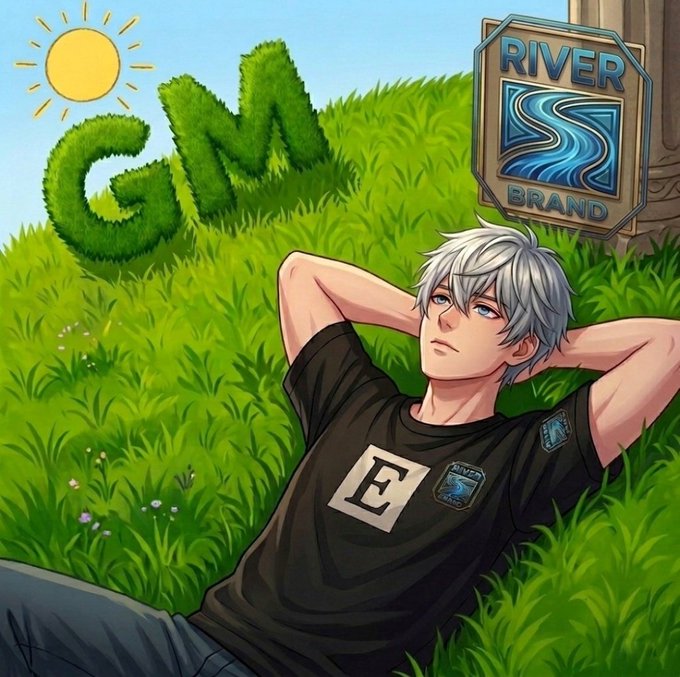 The image features a man lying down in a grassy field with his arms crossed. The man appears to be wearing a black t-shirt and has a serious expression on his face, as if deep in thought or contemplation. In the background, there is a sign that reads "GM river family". This suggests that the man might be taking a break from work related to the GM river family brand, possibly working for a company like Hyperliquid or Sui. The image also contains text about the river family and their partnerships, which could indicate that the man has been involved in some sort of project or collaboration with them.