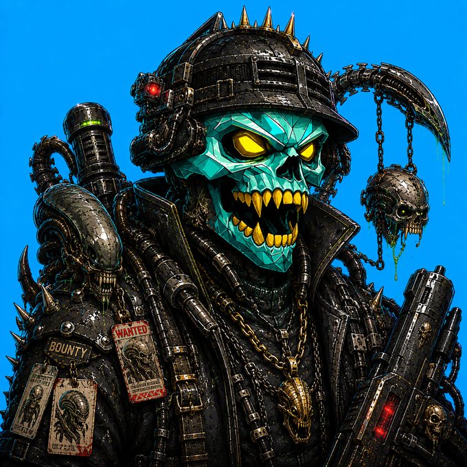 A detailed illustration of a menacing cyborg or zombie character with a teal skull face, yellow eyes, and spiked black armor stands against a bright blue background.