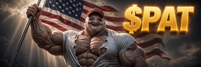 A satirical AI-generated image depicting a heavily muscular figure holding an American flag with the bold text '$PAT' (likely referencing the SPAT meme coin) displayed prominently against a dramatic cloudy sky background.