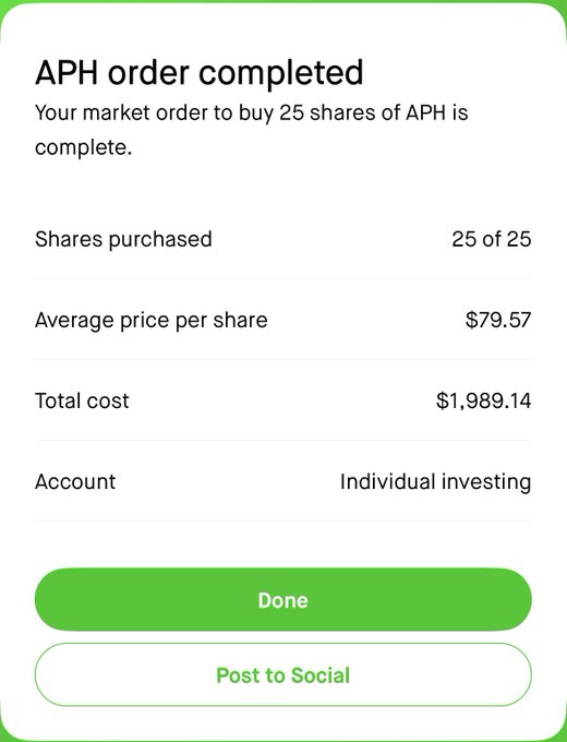 A confirmation screen from a brokerage app showing that a market order for 25 shares of APH at an average price of $79.57 ($1,989.14 total) has been completed in an individual investing account, supporting the post about using dollar-cost averaging to purchase APH.