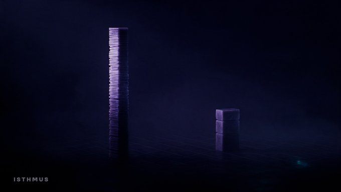 A dark, moody scene features a tall stack of blocks and a shorter stack illuminated against a dark background, with the text 'ISTHMUS' in the corner.