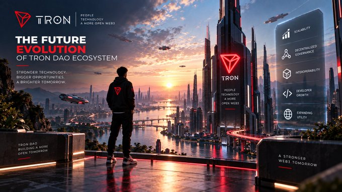 A promotional graphic for TRON DAO with the text 'THE FUTURE EVOLUTION OF TRON DAO ECOSYSTEM,' 'STRONGER TECHNOLOGY. BIGGER OPPORTUNITIES. A BRIGHTER TOMORROW,' and features like 'SCALABILITY,' 'DECENTRALIZED GOVERNANCE,' 'INTEROPERABILITY,' 'DEVELOPER GROWTH,' and 'EXPANDING UTILITY' displayed against a futuristic city skyline.