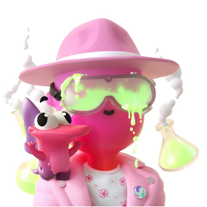 A 3D-rendered pink character wearing a fedora and glowing green goggles with dripping liquid, accompanied by a small pink creature and floating beakers, resembling Splatoon-style artwork.