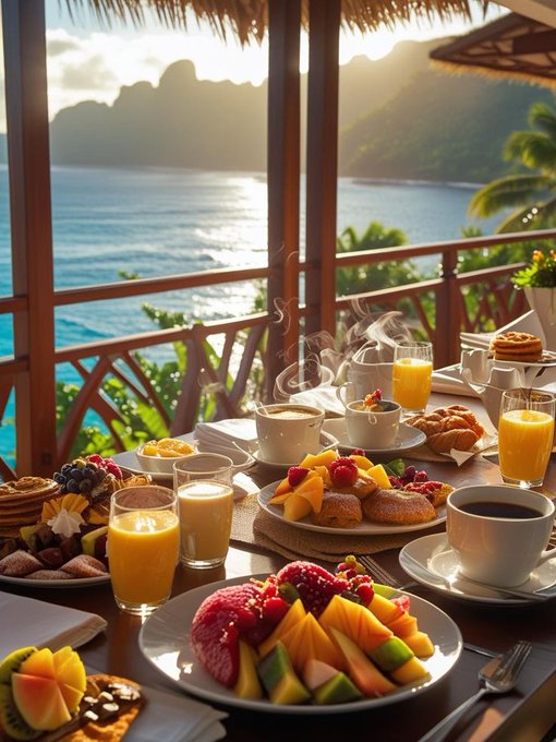 The image features a large dining table filled with various breakfast foods such as fruit, pastries, and coffee. The table is set up for a meal, with plates of food arranged neatly across its surface. There are also several cups placed on the table, likely containing beverages like orange juice or coffee. In addition to these items, there are utensils such as forks and knives available for use during the meal. The scene captures a moment in time where people have gathered around this table to enjoy a delicious breakfast together.