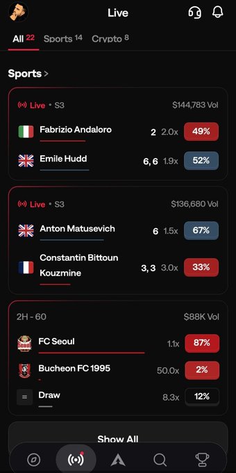 A sports betting app interface showing live matches including tennis players Fabrizio Andaloro vs Emile Hudd, Anton Matusevich vs Constantin Bittoun Kouzmine, and a soccer match between FC Seoul and Bucheon FC 1995.