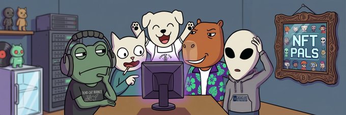 Animated cartoon characters including a frog, dog, horse, bear, and alien gather around a computer monitor, with an 'NFT PALS' framed poster visible on the wall.