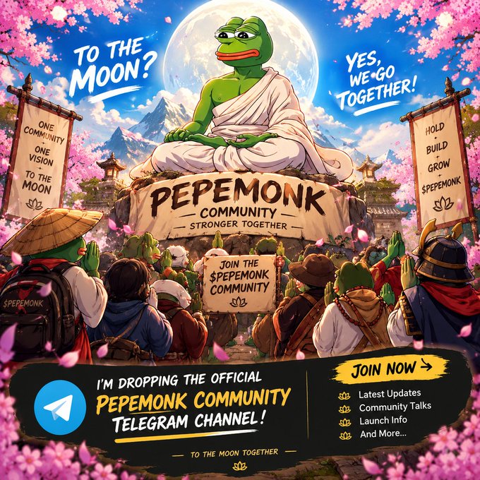 A colorful illustrated promotional poster featuring Pepe the Frog depicted as a meditating Buddha-like figure on a mountain under a full moon, with banners reading 'TO THE MOON?', 'YES, WE GO TOGETHER!', 'ONE COMMUNITY, ONE VISION TO THE MOON', 'HOLD BUILD GROW $PEPEMONK', and 'JOIN THE $PEPEMONK COMMUNITY', announcing the official Pepemonk Community Telegram channel.