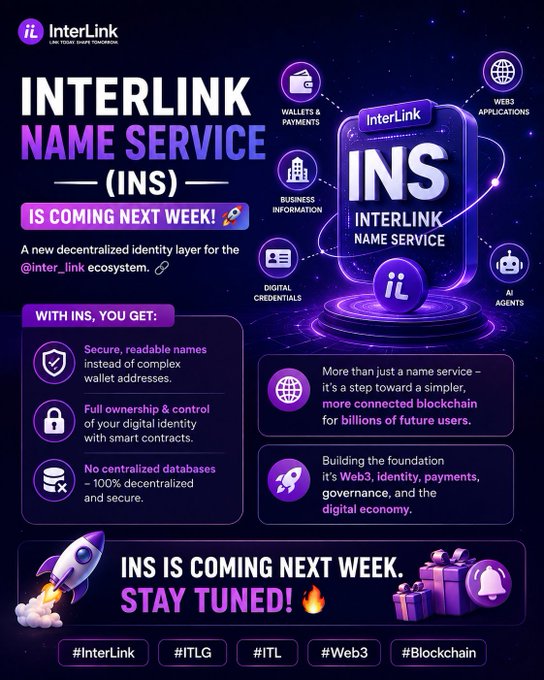 Promotional graphic for InterLink Name Service (INS), announcing a new decentralized identity layer for the @inter_link ecosystem with features like secure wallet names and smart contracts.