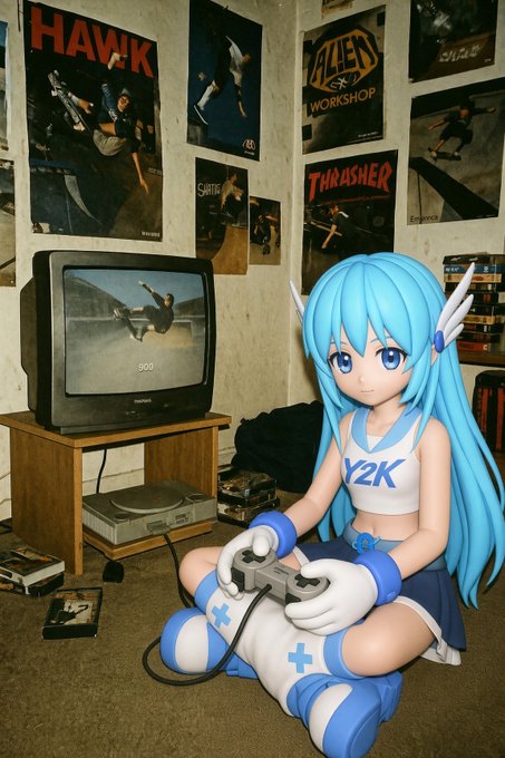 An anime-style figure with cyan hair and a "Y2K" jersey plays a retro video game in a room decorated with skateboarding posters (including "HAWK," "THRASHER," and "MALTO Workshop") and vintage gaming consoles, visually tying to the post's theme of patience and holding conviction in the $Y2K token.