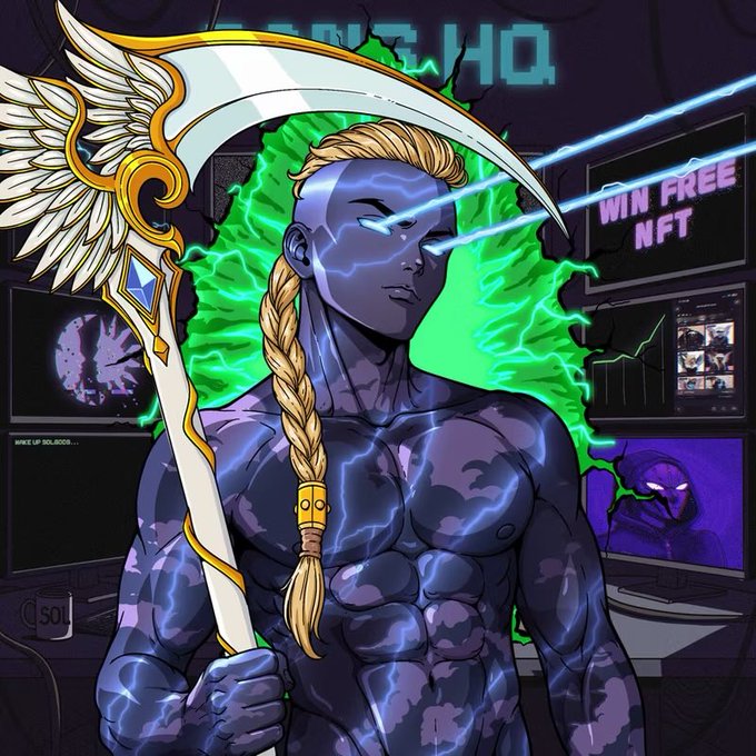 Digital illustration of a blue-skinned muscular figure with a blonde braid, wielding a golden winged scythe with green energy and laser beams emanating from its eyes, set against a backdrop of monitors displaying crypto/NFT content including 'WIN FREE NFT' and 'WAVE UP SOLDIER.'