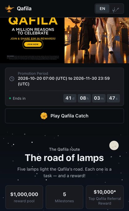 A Binance “Qafila” campaign page promotes a regional rewards program with the headline “A million reasons to celebrate” and a “Join now” button. It shows the promotion period from 2026-10-20 07:00 UTC to 2026-11-30 23:59 UTC, a countdown, the “Play Qafila Catch” feature, and the milestone challenge “The road of lamps” with five milestones and a $1,000,000 reward pool.