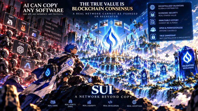A promotional banner for the 'SUI' blockchain, featuring the text "THE TRUE VALUE IS BLOCKCHAIN CONSENSUS" and "A NETWORK BEYOND COPY", alongside an anime-style character looking at a futuristic, glowing blue city, highlighting features like real users, liquidity, and decentralized validators.
