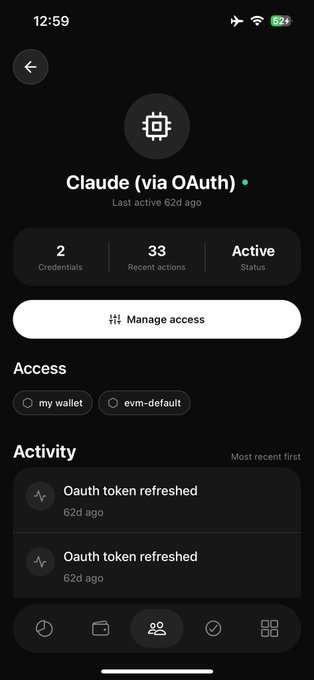 Mobile app screen showing 'Claude (via OAuth)' connection with 33 recent actions, displaying access management for wallet and evm-default.