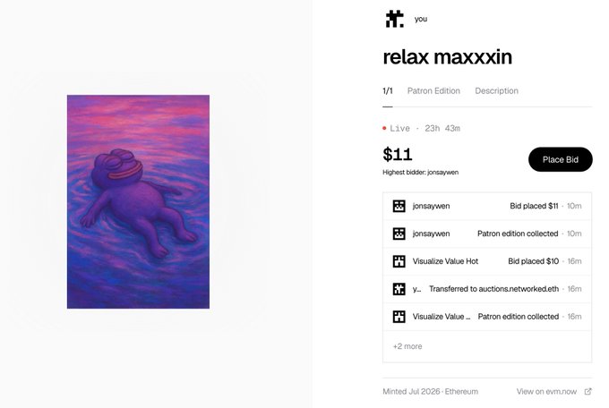 An NFT auction page titled 'relax maxxxin' showing an image of a figure floating in pink water, with a current bid of $11 from 'jonsaywen' on a Patron Edition minted on the Ethereum blockchain.