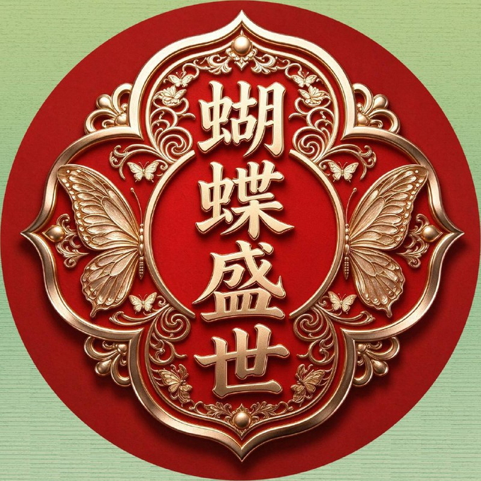 A festive red circular emblem with gold filigree displays the Chinese characters "蝴蝶盛世" (Butterfly Golden Age), flanked by ornate butterflies, matching the celebratory "Grand Launch" theme of the Butterfly Golden Age BSC meme coin project.