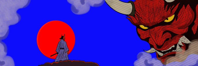 A samurai stands silhouetted against a blood-red sun and bold blue sky, facing a massive, menacing red demon with glowing yellow eyes and sharp horns emerging from the clouds. The image's epic, confrontational tone fits the giveaway post, evoking themes of battle and reward as followers are invited to drop their EVM wallets for a chance to win.