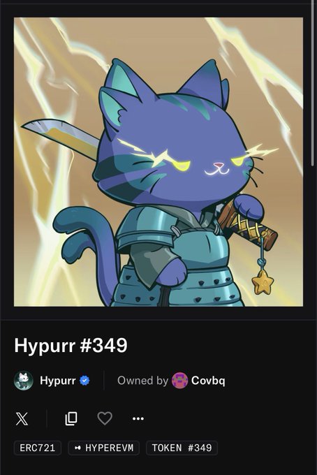 An NFT listing for 'Hypurr #349', an ERC721 token by HYPEREVM, owned by Covbq, depicting a blue samurai cat with glowing yellow eyes holding a sword against a lightning background.