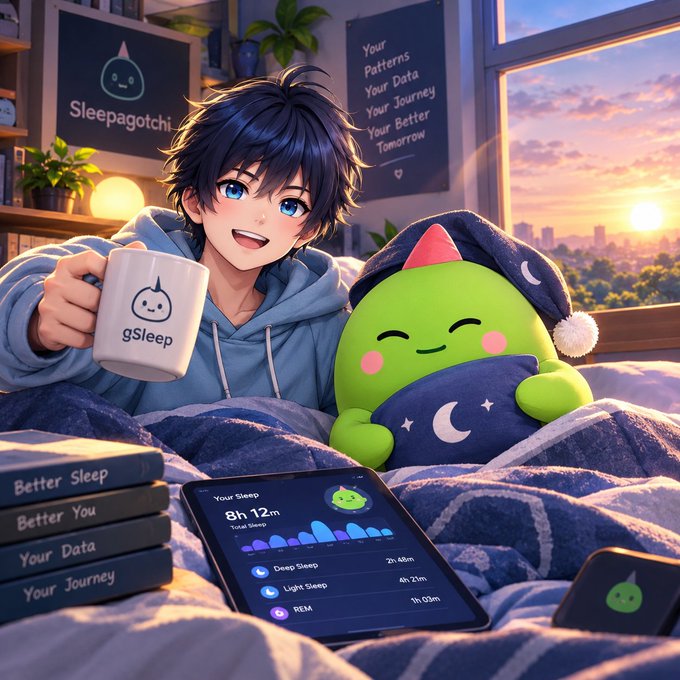 An anime-style illustration of a boy in a blue hoodie holding a "gSleep" mug next to a green "Sleepagotchi" character in bed, with text reading "Sleepagotchi", "Your Patterns Your Data Your Journey Your Better Tomorrow", and sleep stats displayed on a tablet.