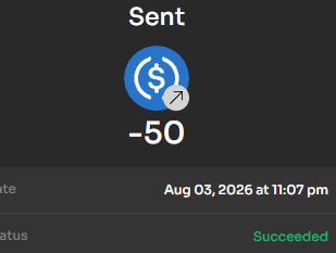 The image shows a transaction record displaying a "Sent" status with -50 USDC (represented by a blue dollar icon with an arrow) at 11:07 pm on Aug 03, 2026, marked as "Succeeded." This aligns with the post's frustration that 50 USDC was withdrawn (likely for STEPN/marathon NFT purchase) but not yet reflected or returned to the user's account.