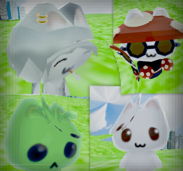 A collage of four images showing low-polygon 3D cat-like characters in a green grassy environment, including a white cat, a character in a mushroom hat with sunglasses and dice, a green blob-like cat, and another white cat.