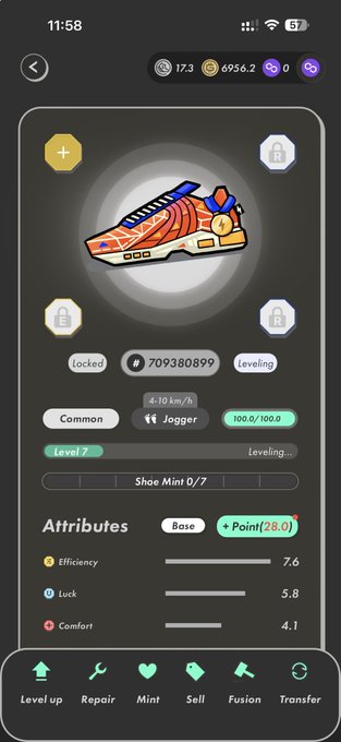 A mobile app screen showing a digital sneaker NFT with a 'Leveling' tag, number #709380899, attributes including Efficiency 7.6, Luck 5.8, and Comfort 4.1, with Level 7 and Jogger labels.