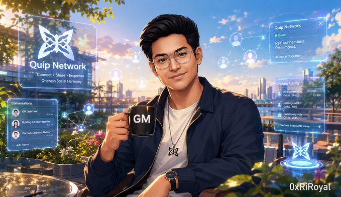 The image features a man sitting at a table with a cup of coffee, wearing glasses and holding a black object that appears to be a G-M card. The scene takes place outdoors, possibly near a park or garden setting. The man is smiling for the camera while holding his coffee mug. In the background, there are several other people present in various locations around the area.