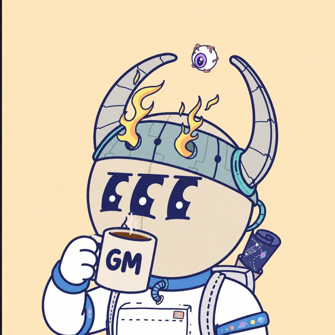 A cartoon illustration of a round character wearing a horned viking-style helmet with flames, holding a steaming mug labeled 'GM'.