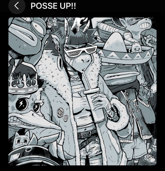 A black and white digital illustration featuring a group of stylized dinosaur and monster characters wearing streetwear, sunglasses, and jewelry, titled 'POSSE UP!!' at the top.
