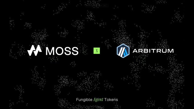 A promotional graphic featuring the MOSS and Arbitrum logos side-by-side, with an 'X' symbol between them and text reading 'Fungible Agent Tokens' against a black background with digital patterns.