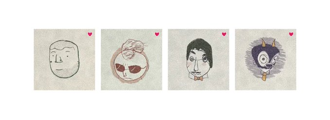 Four small, hand-drawn portraits in square tiles, each marked with a pink heart in the top-right corner, depicting stylized characters including a simple face, a woman with sunglasses, a person with a bow tie, and a masked figure.