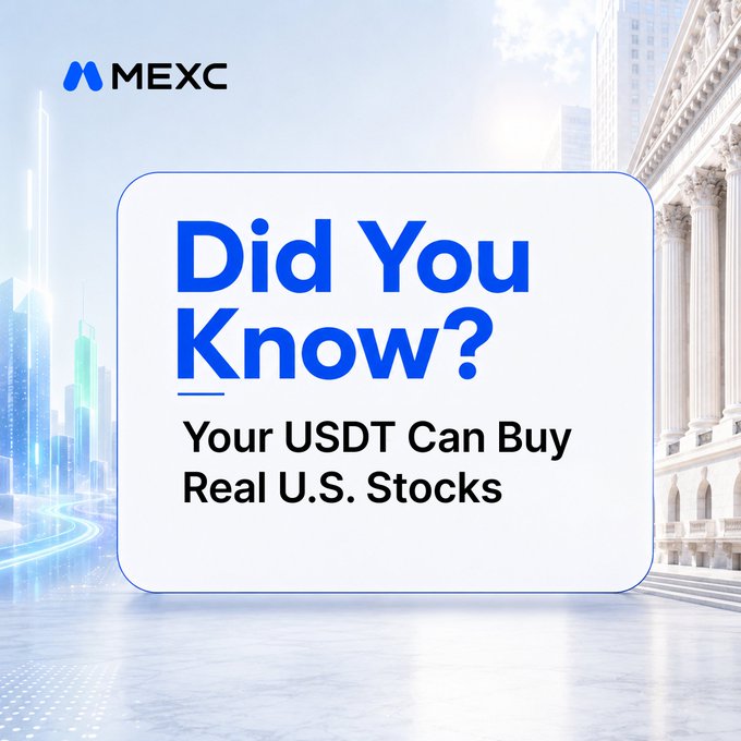 A promotional MEXC graphic titled "Did You Know? Your USDT Can Buy Real U.S. Stocks" displayed against a backdrop of financial architecture and city skylines, illustrating the exchange's RealStocks feature that lets users purchase real U.S. shares using USDT.