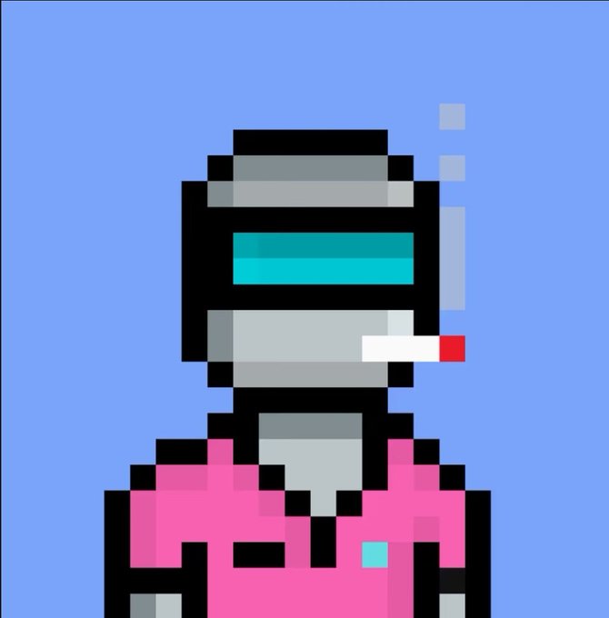 A pixel art character with a black helmet featuring a cyan visor, a cigarette in its mouth, and a pink shirt, set against a blue background.