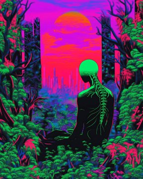 Psychedelic digital artwork in vibrant pink, green, and black tones depicting a humanoid figure with visible glowing spine/neural anatomy in a lush, surreal forest setting.
