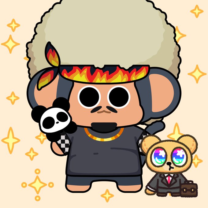 A cute cartoon character illustration featuring a figure with an afro, flame-patterned visor, and a skull accessory, accompanied by a smaller teddy bear character in a suit, surrounded by yellow sparkles.