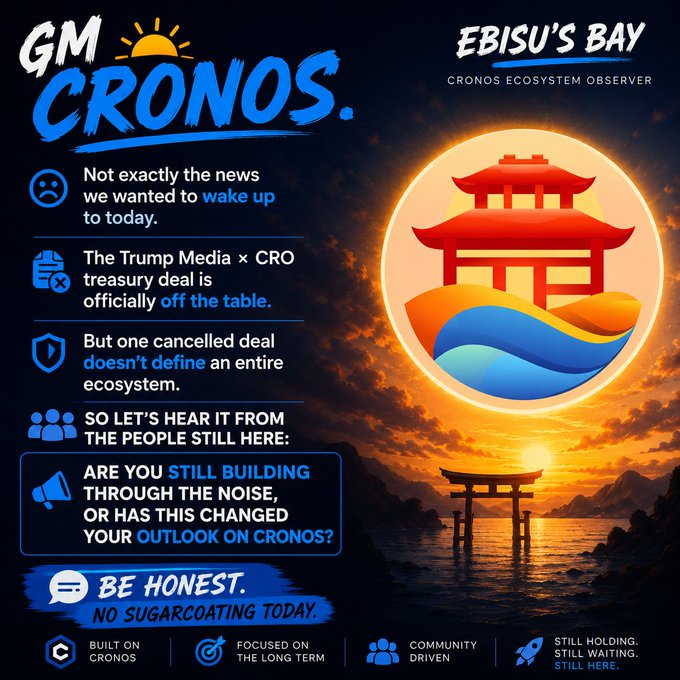 A promotional graphic titled 'GM CRONOS.' and 'EBISU'S BAY CRONOS ECOSYSTEM OBSERVER' discusses the Trump Media x CRO treasury deal being 'off the table' and asks community members about their outlook on Cronos, featuring a stylized torii gate and sunset imagery.