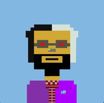 A pixel art portrait of a character with half-black, half-white hair, a beard, red glowing glasses, and a purple jacket against a solid blue background.