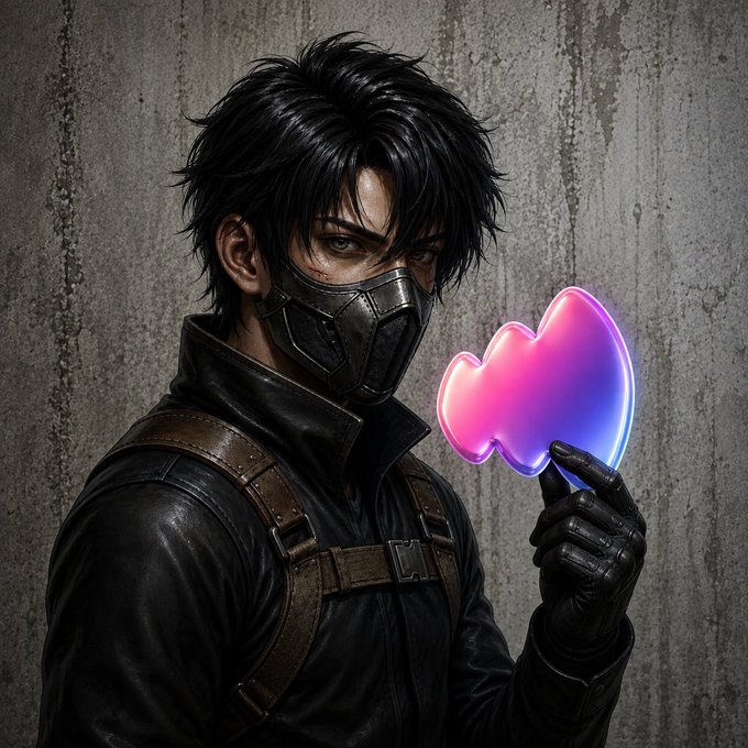A masked, rugged anime-style figure in tactical gear stands against a weathered concrete wall, holding a glowing pink and purple heart-shaped emblem that radiates a neon glow. The image complements the post's #VOICEMEME theme by visually representing the "heart" of the community's weekend energy and shared passion.