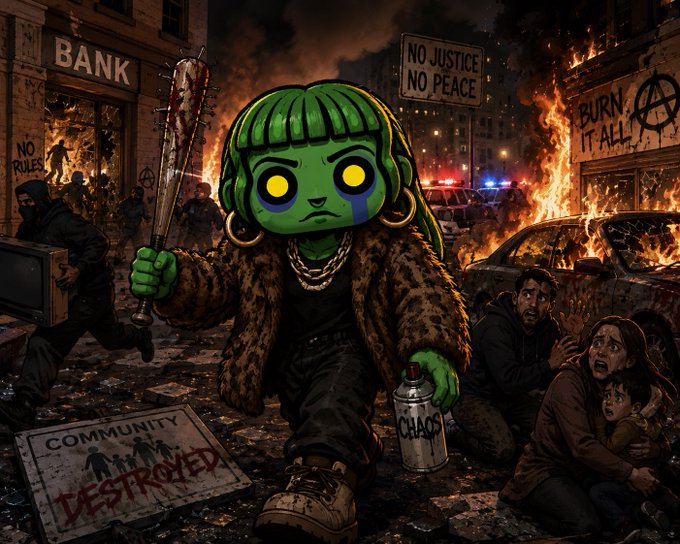We need to write a concise 1-2 sentence caption describing the image, including key text, numbers, tickers, names visible. Also note how image relates to the accompanying post. So caption should mention central green character, chaotic scene, text like "BANK", "NO JUSTICE NO PEACE", "BURN IT ALL", "COMMUNITY DESTROYED", "CHAOS", "NO RULES", "Anarchy symbol". Also mention the post context: fighting, @TheGodPull, Gc, @betty_nft. So maybe: "A stylized green-skinned figure with a baseball bat and spray can stands amid a burning cityscape marked by signs reading 'BANK', 'NO JUSTICE NO PEACE', 'BURN IT ALL', and 'COMMUNITY DESTROYED', embodying the chaotic 'fight' referenced in the post by @TheGodPull and @betty_nft