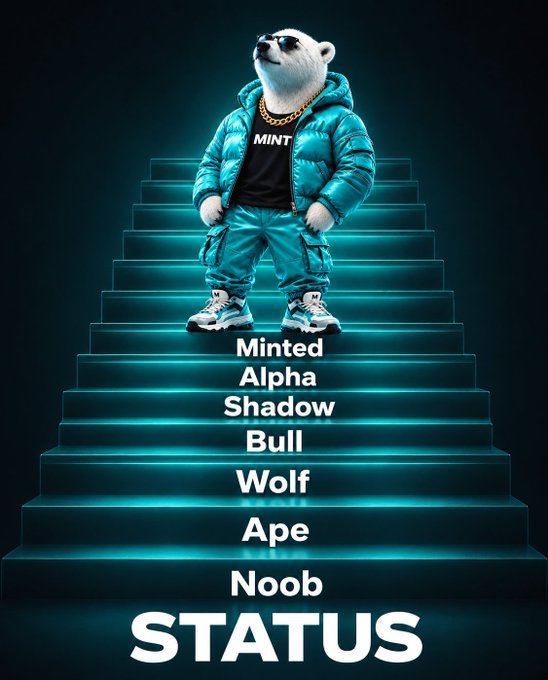A stylish bear in a teal puffer outfit and "MINT" shirt poses confidently atop glowing cyan stairs, with the status tiers Noob, Ape, Wolf, Bull, Shadow, Alpha, and Minted displayed below, alongside the word "STATUS." The image visually reinforces the post's message about climbing Mint's stake-based status hierarchy in the PlayOnMint ecosystem, where progression from Noob to Minted is earned through $MNTD holdings.