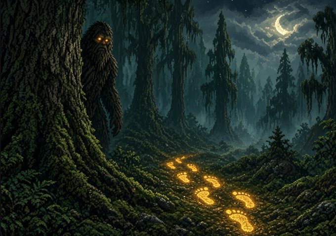 A dark fantasy illustration depicts a mossy creature with glowing orange eyes peering from behind a tree, watching glowing footprints lead away through a misty forest under a crescent moon.