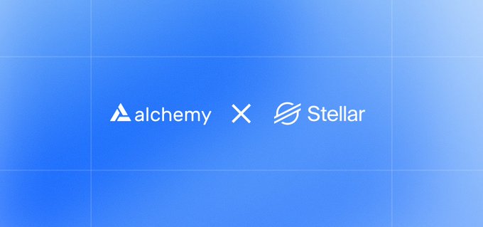 The image displays a collaboration banner with the Alchemy and Stellar logos separated by an "x" symbol on a blue gradient background, visually representing the partnership mentioned in the post about Alchemy becoming a tier-1 validator on the Stellar network.