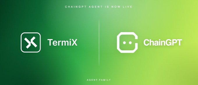 A green gradient banner announcing "CHAINGPT AGENT IS NOW LIVE" featuring logos for TermiX and ChainGPT as part of its agent family.
