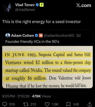 A screenshot of Vlad Tenev's X post captioned "This is the right energy for a seed investor," quoting Adam Cohen's tweet about Sequoia Capital and Sutter Hill Ventures' $2 million 1993 investment in Nvidia at a $6 million valuation, with the included post's "Seedcoin" reference and Ethereum address humorously comparing the bold, high-risk nature of early-stage venture investing to crypto token launches.