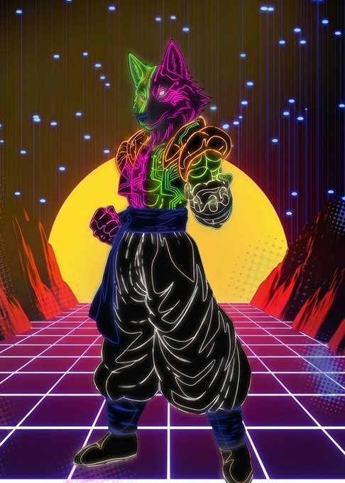 A neon-outlined anthropomorphic wolf warrior with green and pink highlights, wearing dark hakama pants, standing in a fighting pose against a synthwave backdrop with a sun, mountains, and grid floor.
