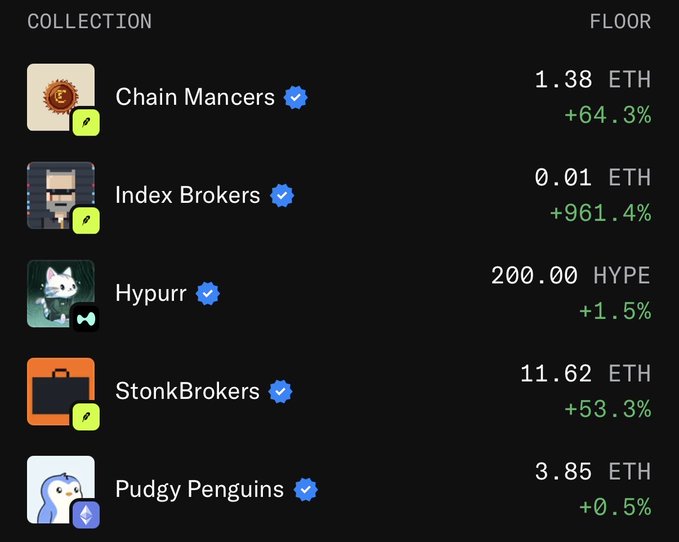 Screenshot of an NFT collection list showing floor prices: Chain Mancers (1.38 ETH, +64.3%), Index Brokers (0.01 ETH, +961.4%), Hypurr (200.00 HYPE, +1.5%), StonkBrokers (11.62 ETH, +53.3%), and Pudgy Penguins (3.85 ETH, +0.5%).