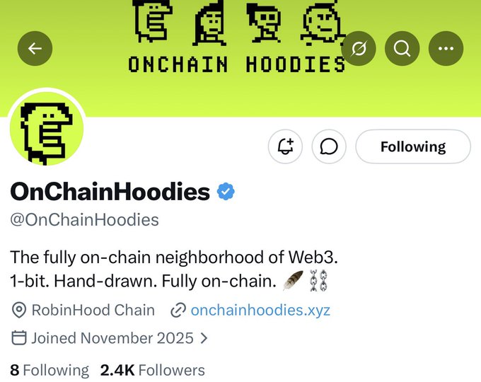 The image features a tweet from a user with a light green header labeled "onchain hoodies" and a pixelated trophy emoji. The tweet prominently displays the profile of "OnChainHoodies @OnChainHoodies," which is verified with a blue checkmark indicating legitimacy. The bio reads "The fully on-chain neighborhood of Web3. 1-bit. Hand-drawn. Fully on-chain.," accompanied by a feather and chain link emoji, and provides a link to their website, onchainhoodies.xyz. Additionally, the tweet mentions that the profile has 8 following and 2.4K followers. The overall theme appears to be related to Web3 and blockchain, suggesting that the account is promoting or sharing content related to these technologies.