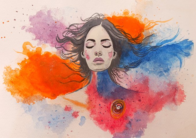 A watercolor-style painting of a woman with closed eyes, her flowing dark hair blending into vibrant splashes of orange, pink, purple, and blue.