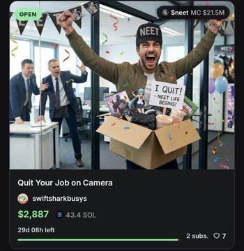 The image features four men posing with a box of items, including a sign that says "I quit my job on camera". It appears that they have recently quitted their jobs to participate in this online contest, which offers them $2,887 in rewards for capturing videos of themselves doing something crazy or out-of-the-ordinary. The man holding the box and having his arms raised is likely one of the contestants who decided to quit their job for the Bucket Challenge.