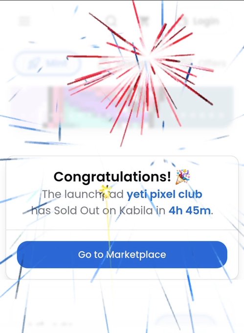 The image shows a social media app with a large, colorful fireworks display in the top right corner. The fireworks are red, white, and blue, creating a festive atmosphere. Below the fireworks, there's an advertisement for yeti pixel club that has sold out all of its members within less than 5 hours at 50 dollars each.