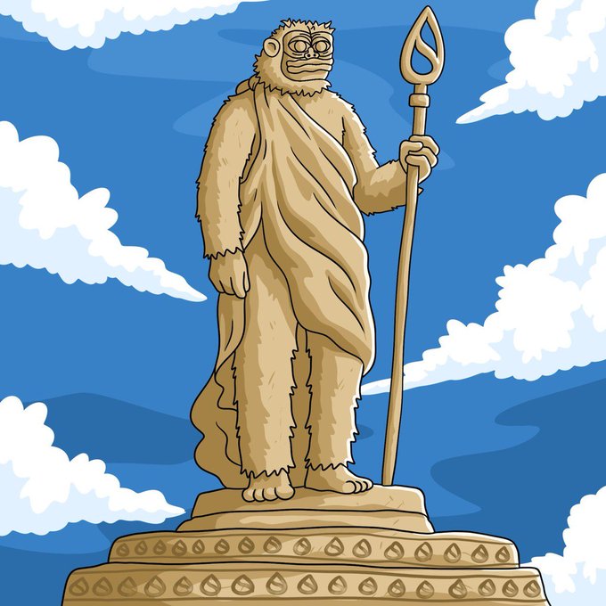 A digital illustration of a stone statue depicting a hairy, ape-like figure in robes holding a staff with a looped top, standing on a decorated pedestal against a blue sky with clouds.